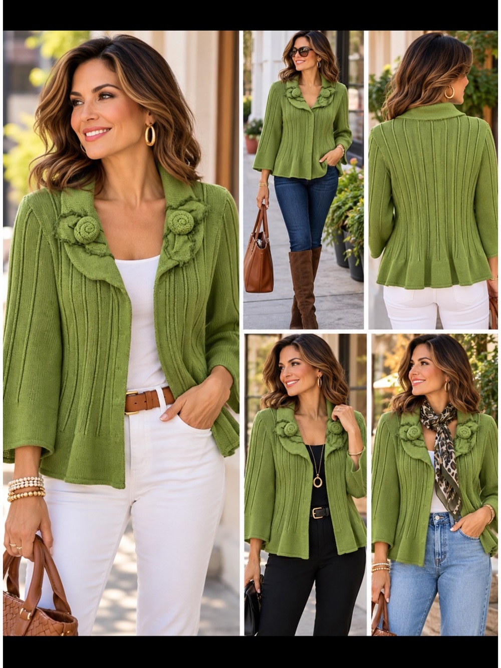 CAbi Floral Rosette Ribbed Knit Cotton Cardigan Green Sweater size M lagenlook
